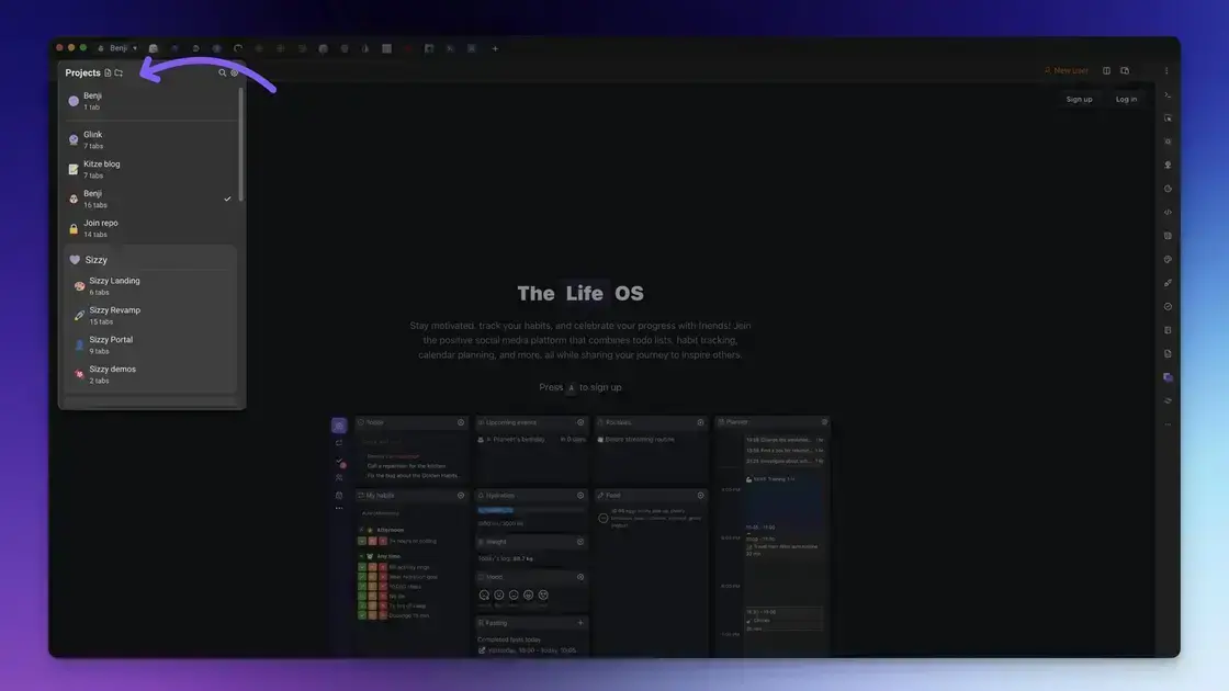 Organize tabs and projects efficiently with Sizzy