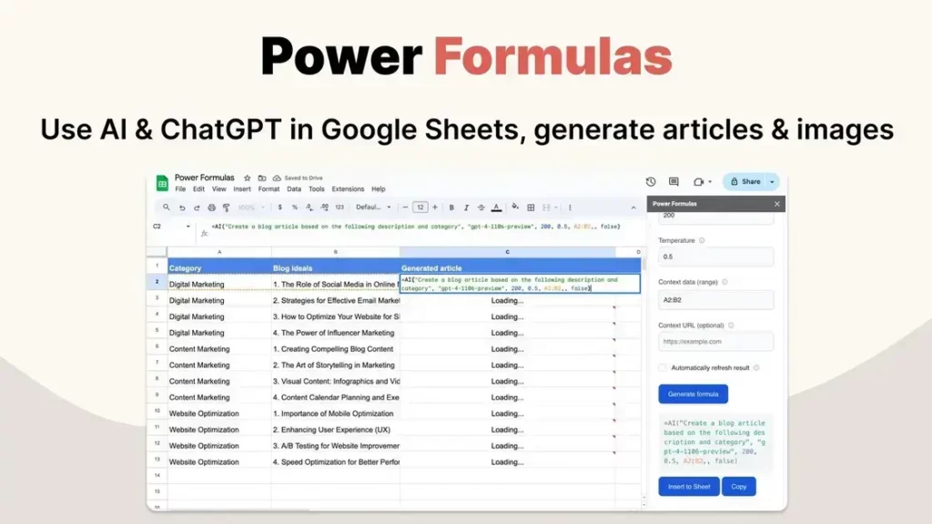 Power Formulas - Boost Google Sheets with AI for Content Creation